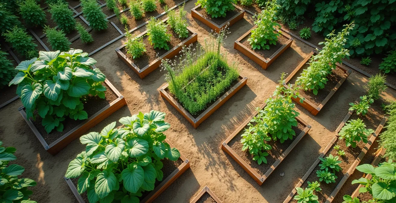 Vue d'un potager organisé avec des buttes de culture en Hugelkultur surélevées, des treillis et structures verticales pour plantes grimpantes, des bandes florales indigènes attractives.