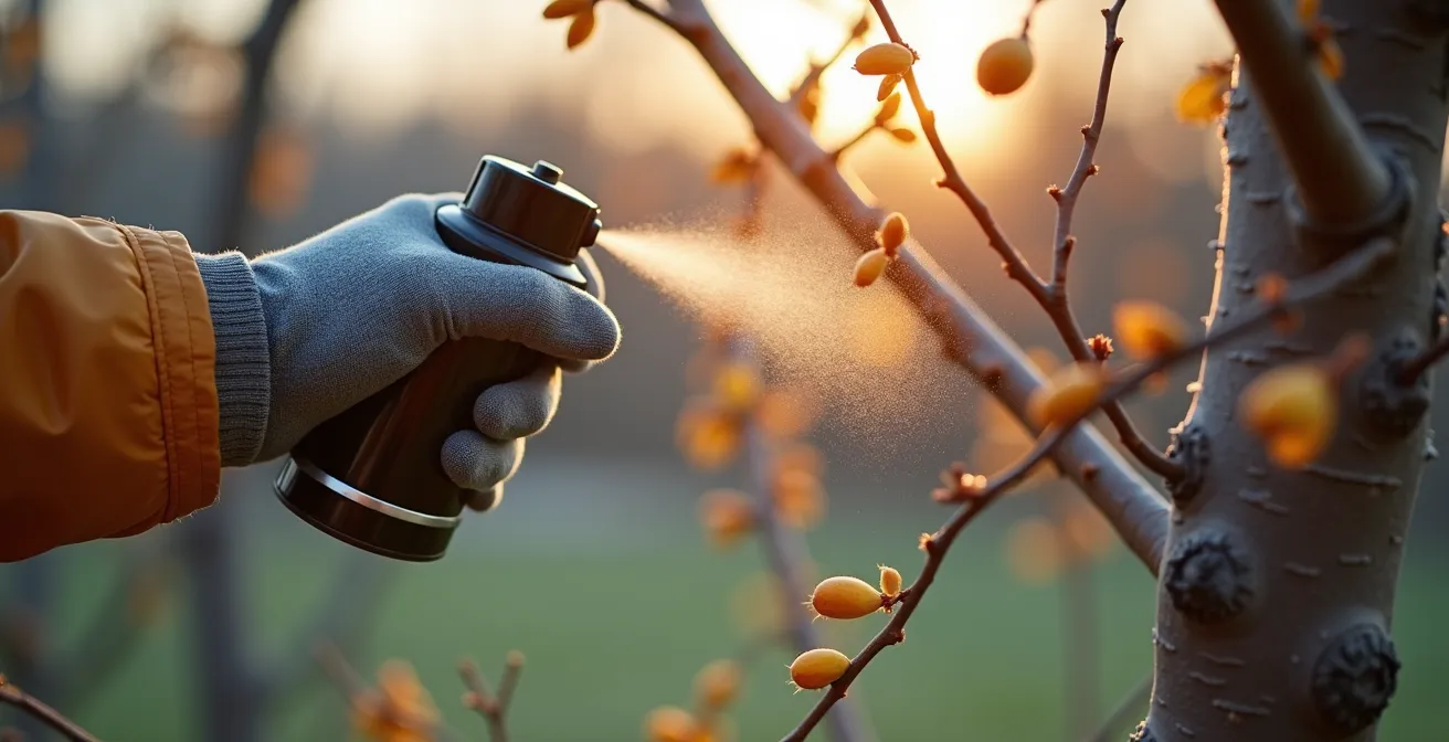 Étape précise de la vaporisation d'huile de dormance sur un pommier avant l'ouverture des bourgeons, par une journée printanière au Québec.