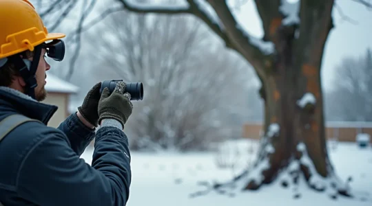 Inspecteur d'arbres examinant un arbre endommagé après une tempête avec des branches cassées et du verglas