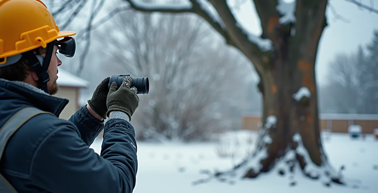 Inspecteur d'arbres examinant un arbre endommagé après une tempête avec des branches cassées et du verglas