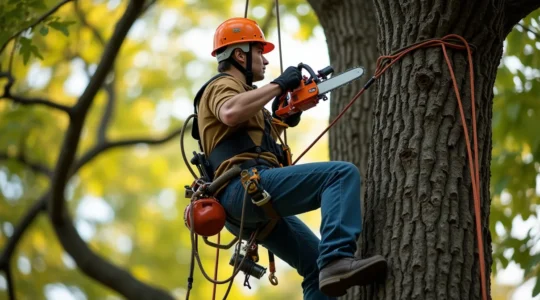 Un arboriculteur certifié en équipement de protection complet, grimpe sur un arbre avec des outils professionnels, démontrant l'expertise et la sécurité du métier d'élagage professionnel.