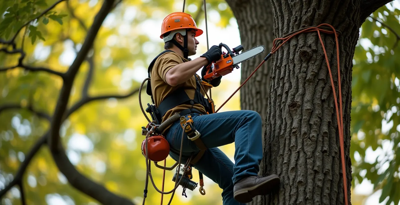 Un arboriculteur certifié en équipement de protection complet, grimpe sur un arbre avec des outils professionnels, démontrant l'expertise et la sécurité du métier d'élagage professionnel.