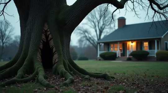 Arbre mature montrant signes de danger pres d'une residence residentialelle avec champignons a la base et branches cassees