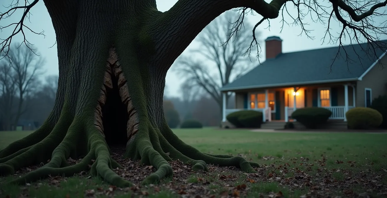 Arbre mature montrant signes de danger pres d'une residence residentialelle avec champignons a la base et branches cassees