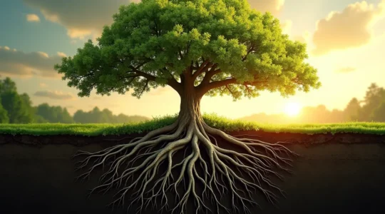 Un arbre mature et vigoureux dans un jardin, avec un système racinaire visible en sous-sol, entouré de symboles de santé et de longévité comme des racines profondes et une canopée dense.