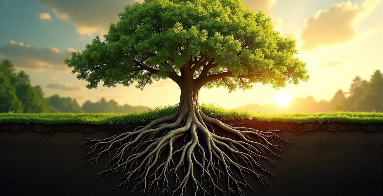 Un arbre mature et vigoureux dans un jardin, avec un système racinaire visible en sous-sol, entouré de symboles de santé et de longévité comme des racines profondes et une canopée dense.