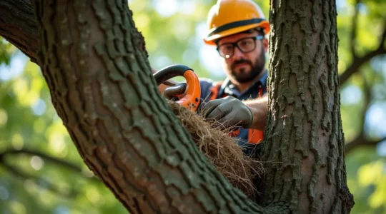 Un arboriculteur certifié effectuant une coupe précise sur une branche d'arbre avec une scie japonaise, démontrant la technique correcte du collet.