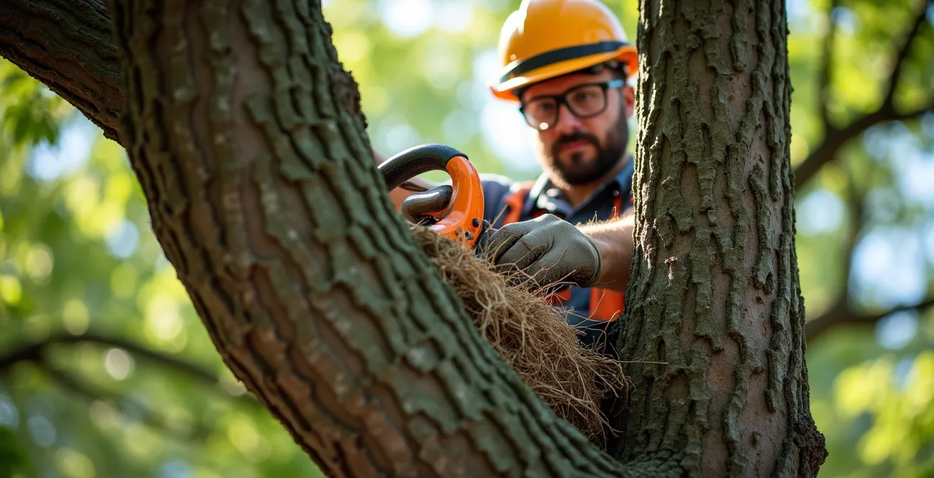 Un arboriculteur certifié effectuant une coupe précise sur une branche d'arbre avec une scie japonaise, démontrant la technique correcte du collet.
