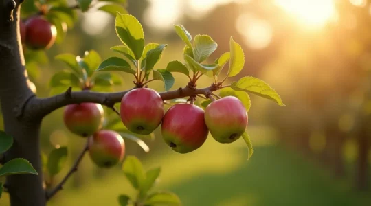 Branche de pommier arquée horizontalement, portant de nombreuses pommes rouges et vertes, sous la lumière douce du soleil de fin d'après-midi dans un verger québécois.