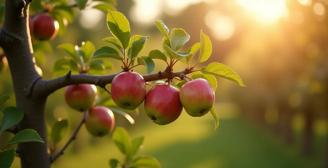 Branche de pommier arquée horizontalement, portant de nombreuses pommes rouges et vertes, sous la lumière douce du soleil de fin d'après-midi dans un verger québécois.