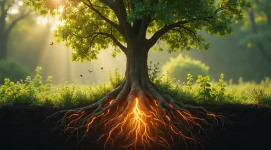 Illustration symbolique d'un arbre robuste entoure de mycorhizes souterraines brillantes, de paillis protecteur et de plantes compagnes, representant une forteresse vivante de la nature