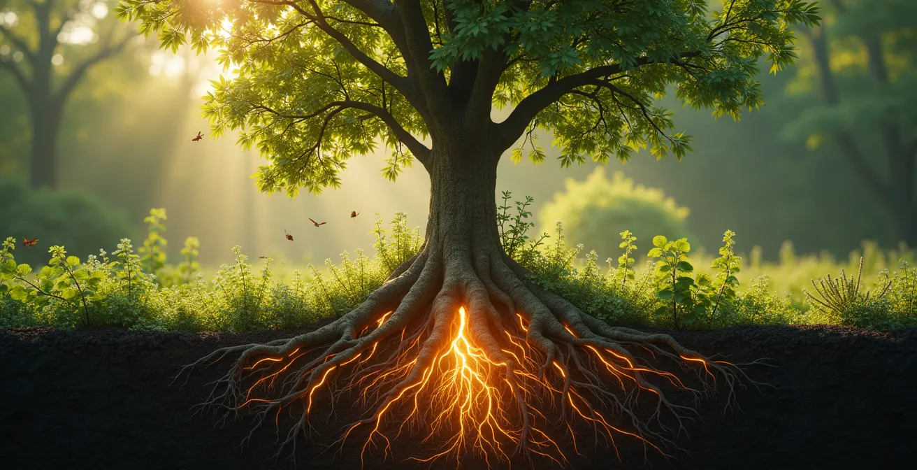 Illustration symbolique d'un arbre robuste entoure de mycorhizes souterraines brillantes, de paillis protecteur et de plantes compagnes, representant une forteresse vivante de la nature