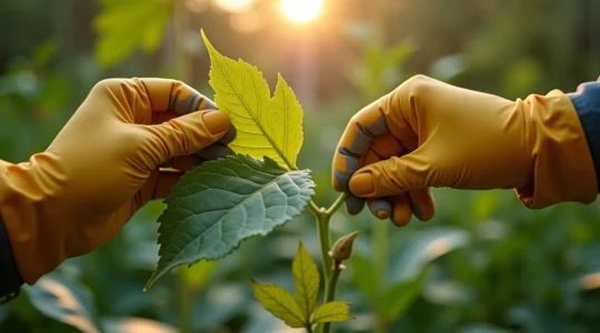 Jardinier québécois examinant attentivement le feuillage d'une plante pour détecter des signes de maladie au potager