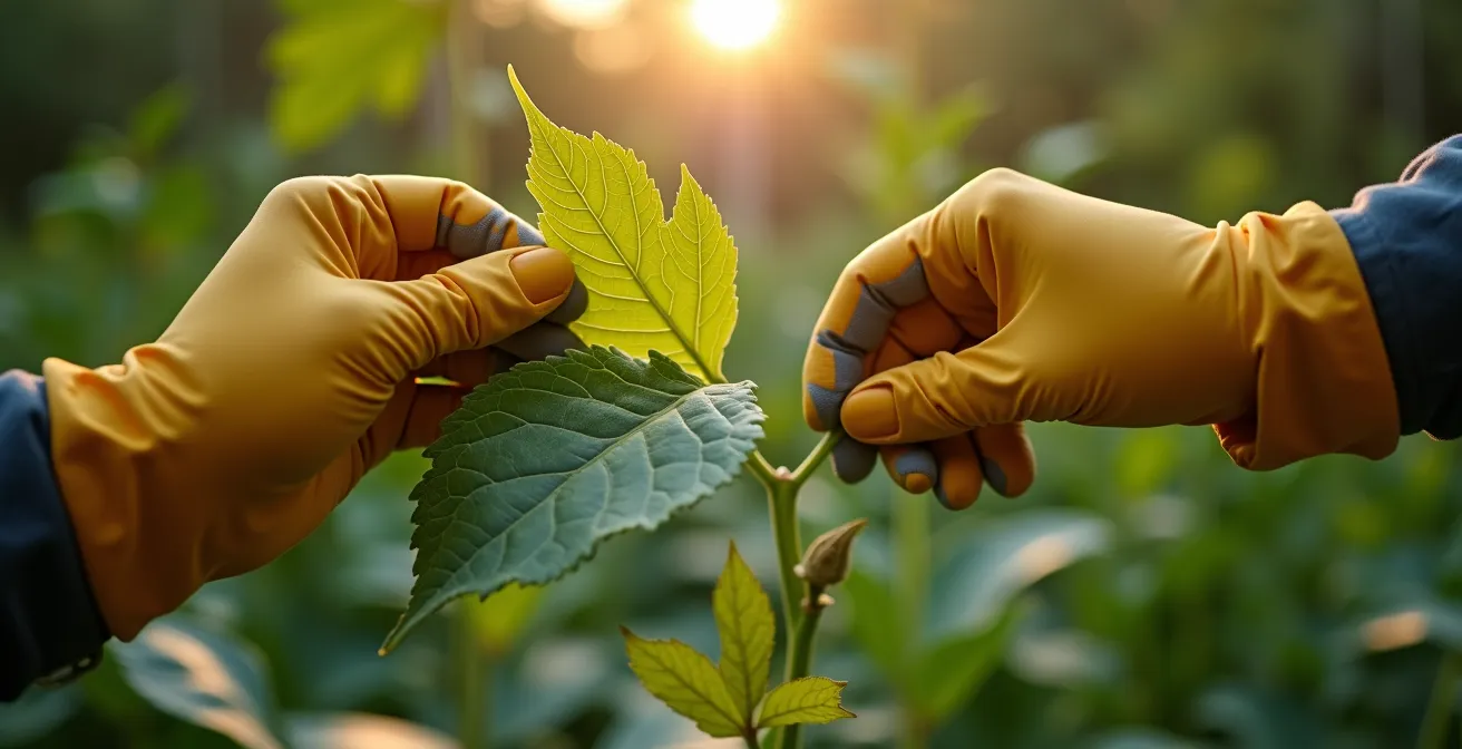Jardinier québécois examinant attentivement le feuillage d'une plante pour détecter des signes de maladie au potager