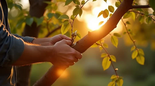 Un arboriculteur taille un arbre mature avec expertise, créant un dialogue de résilience entre l'humain et la nature.