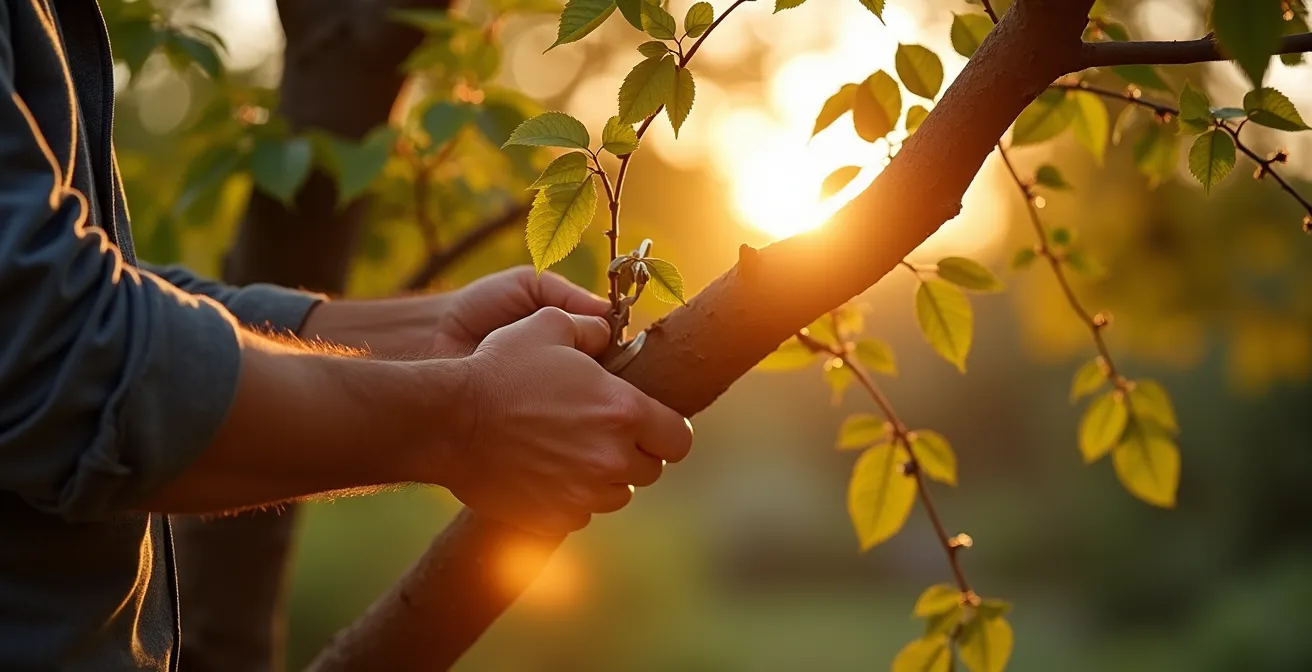 Un arboriculteur taille un arbre mature avec expertise, créant un dialogue de résilience entre l'humain et la nature.