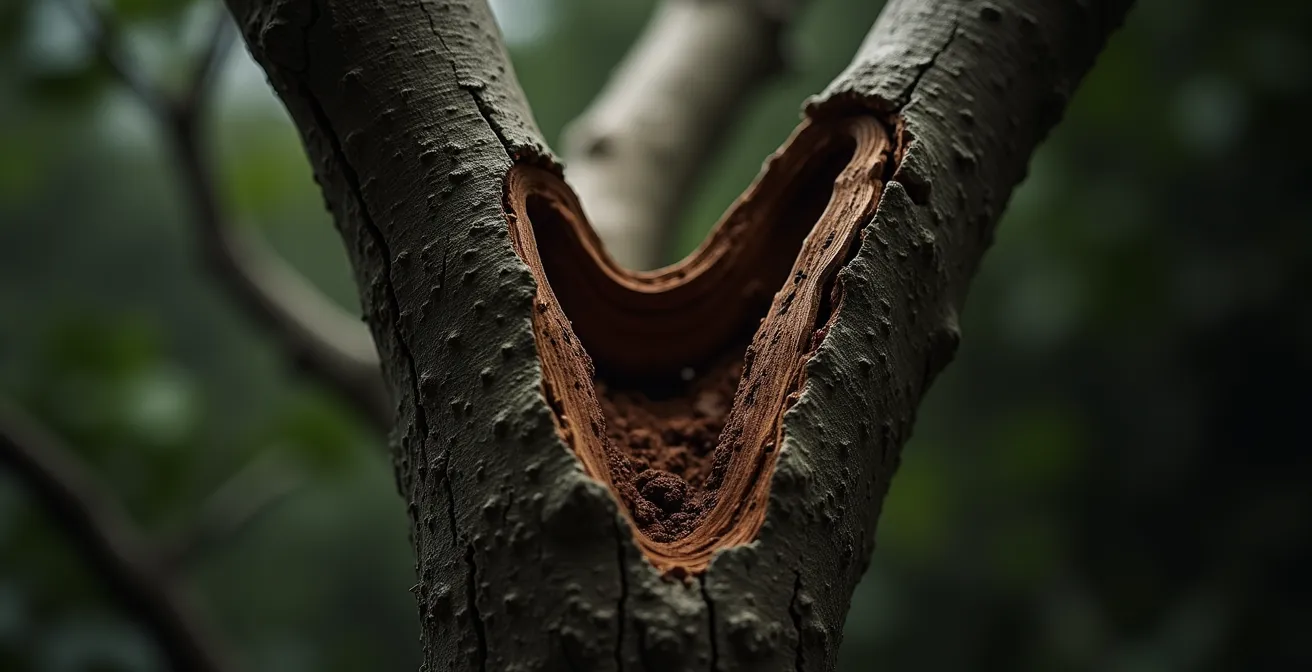 Détail d'une fourche d'arbre montrant l'écorce incluse créant une zone de faiblesse structurelle.