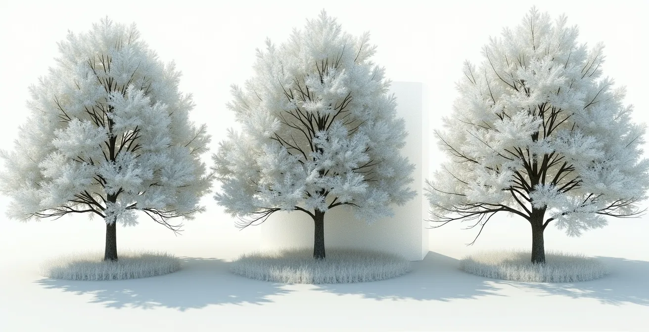 Coupe transversale d'un jeune arbre montrant l'espacement optimal des branches charpentières distribuées en spirale autour du tronc