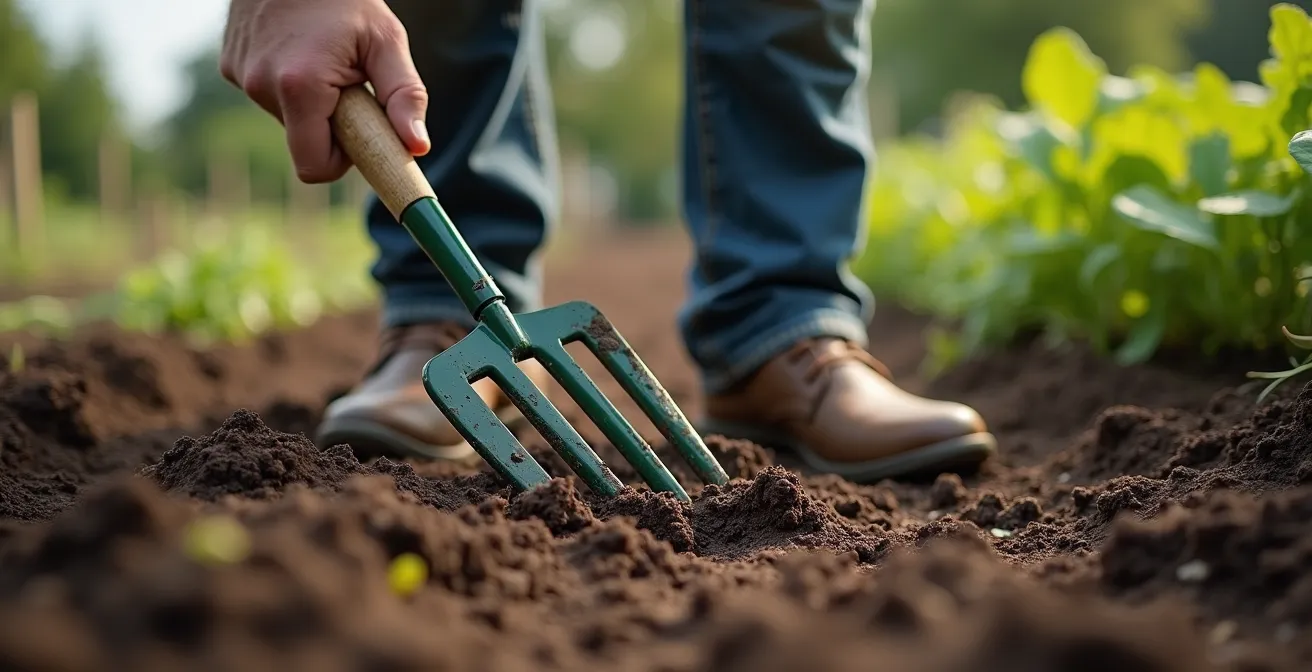 Jardinier utilisant une grelinette pour aérer le sol d'un potager sans le retourner