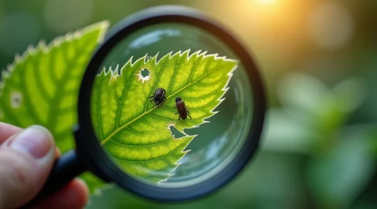Guide d'identification des parasites de jardin au Québec avec loupe et feuilles endommagees