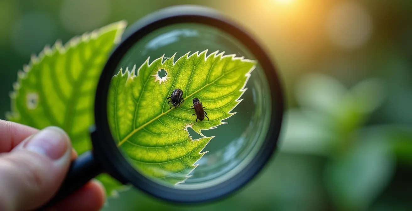 Guide d'identification des parasites de jardin au Québec avec loupe et feuilles endommagees