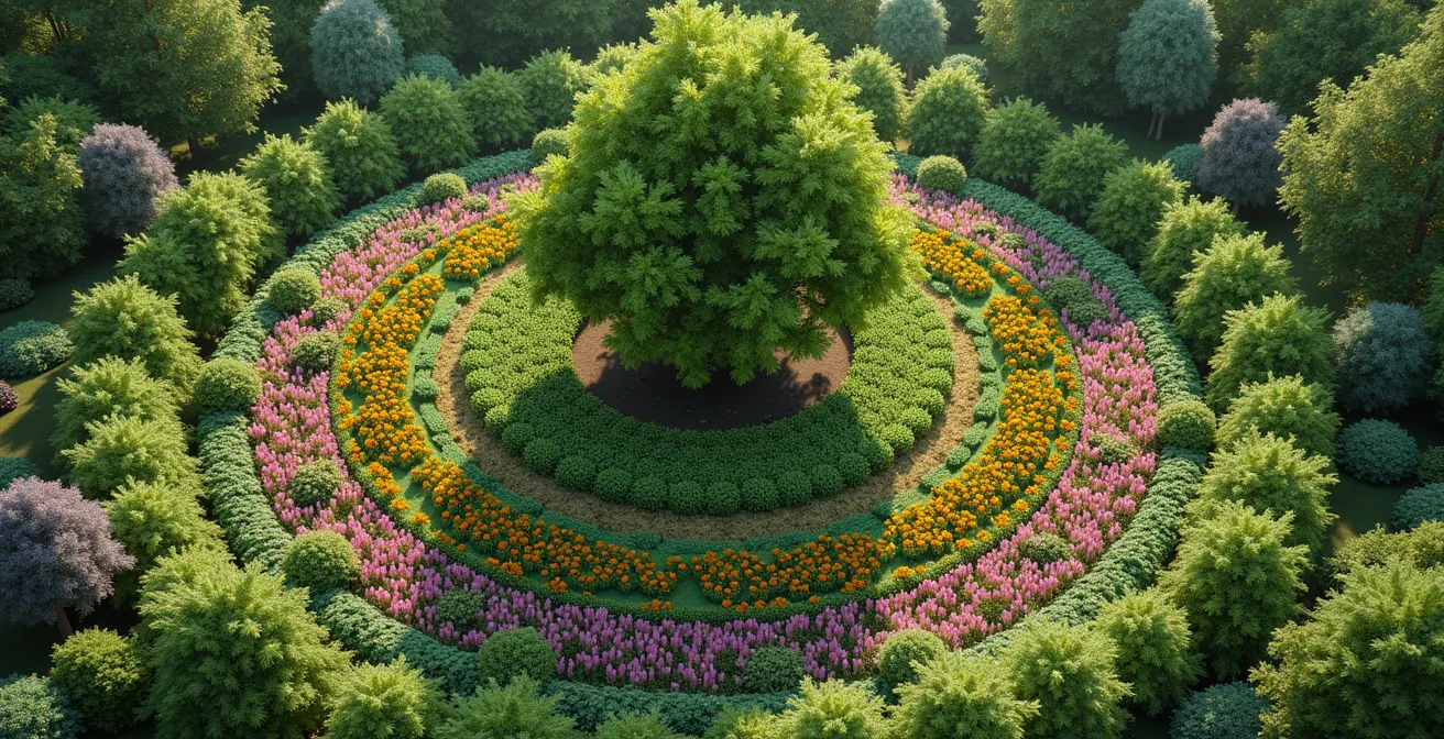 Vue aérienne d'un arbre entouré de différentes plantes compagnes, montrant les interactions bénéfiques et la création d'un écosystème résilient