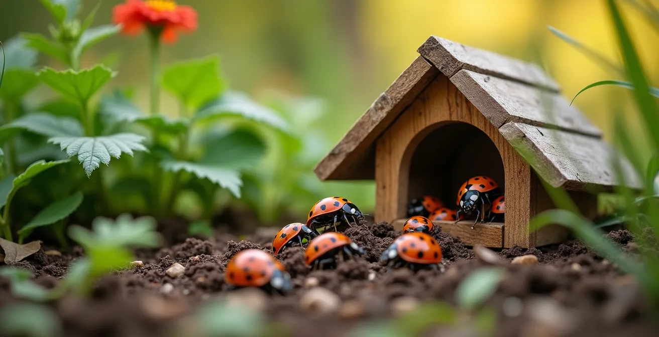 Abris hivernal fait de feuilles et hôtel à insectes intégré à un jardin écologique au Québec, attirant les coccinelles locales.
