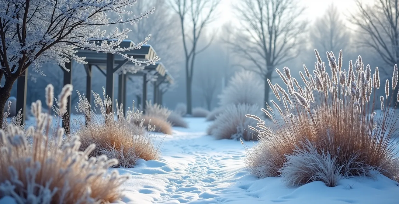 Jardin québécois en hiver montrant architecture hivernale avec structures gelées, graminées couvertes de givre et silhouettes d'arbres en relief sous la neige