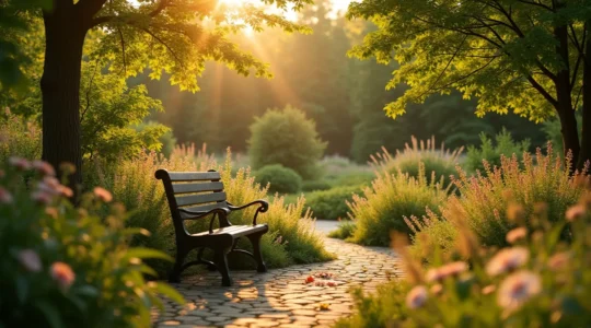 Un jardin québécois luxuriant avec éléments de nature, fleurs colorées et zones de détente pour le bien-être, sous la lumière d'automne