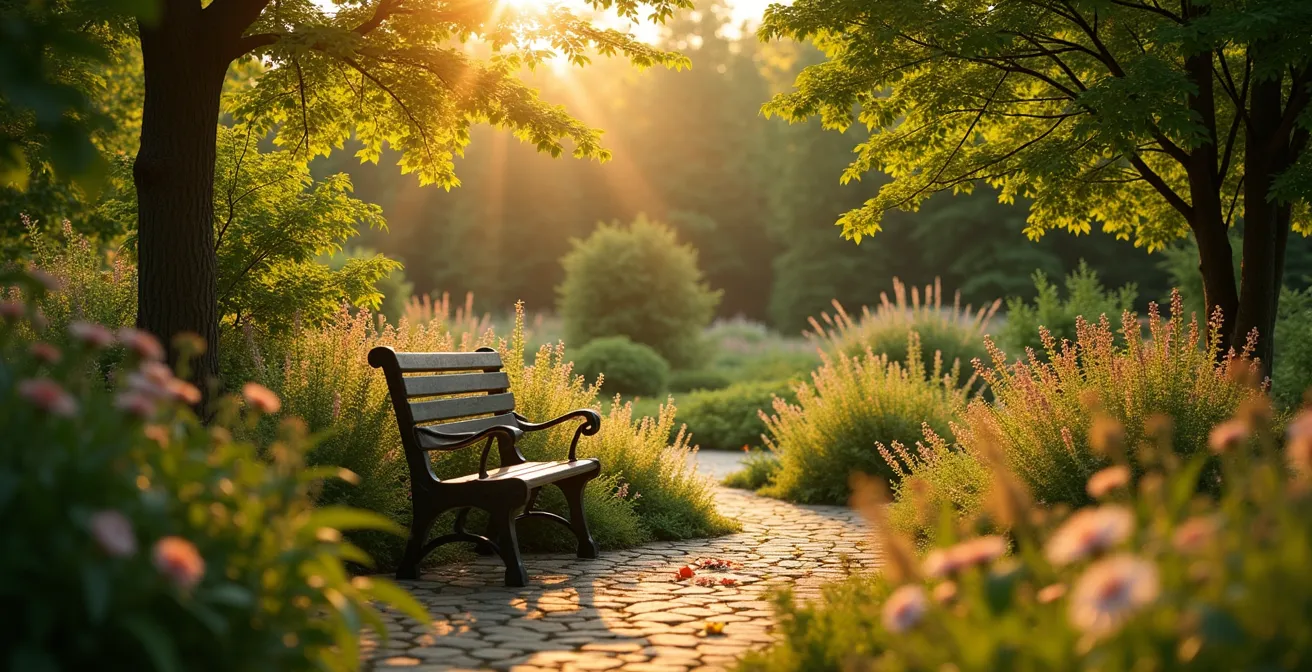 Un jardin québécois luxuriant avec éléments de nature, fleurs colorées et zones de détente pour le bien-être, sous la lumière d'automne