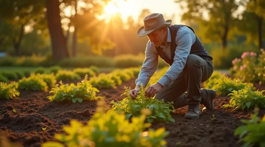 Jardinier québécois travaillant stratégiquement dans son jardin avec outils, plantes et paillage organique