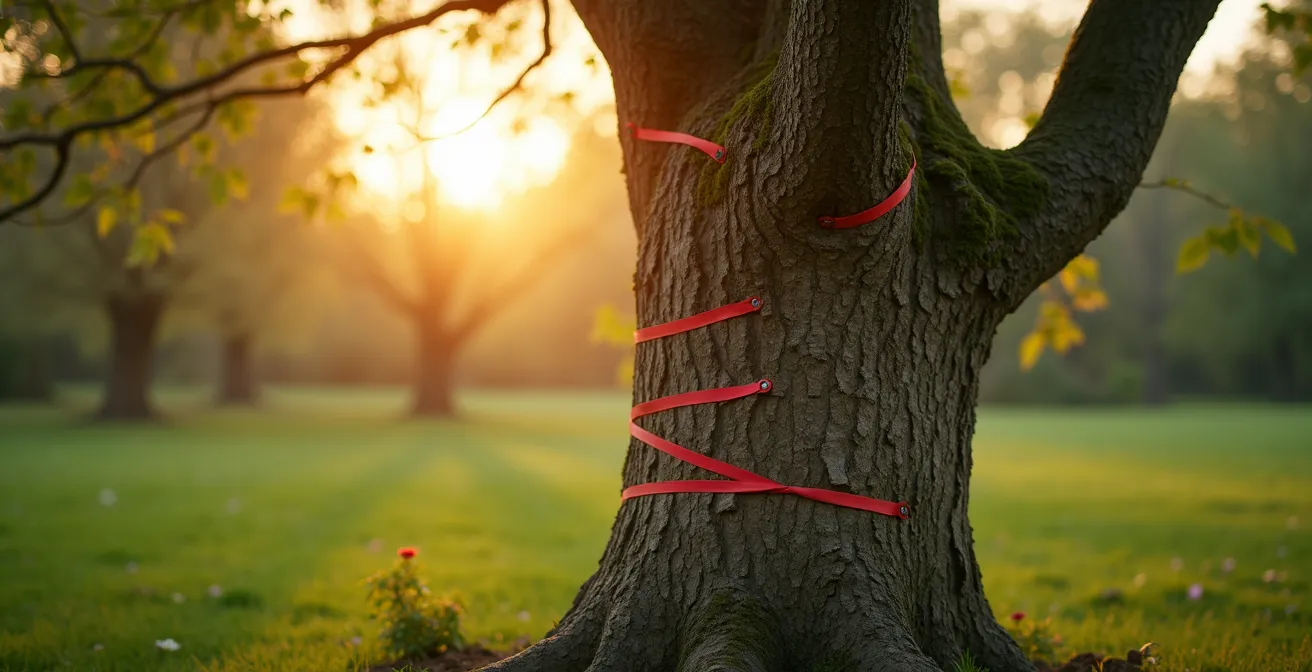 Jeune arbre en cours de taille de formation avec ses branches charpentières bien définies et son leader central dominant