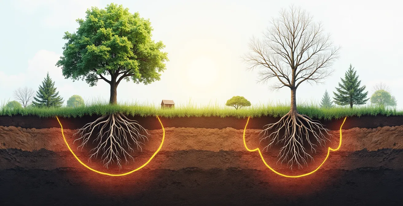 Coupe transversale du sol montrant les racines d'un arbre protégées par une couche de paillis, avec indication des températures chaudes sous le paillis et froides à l'air libre