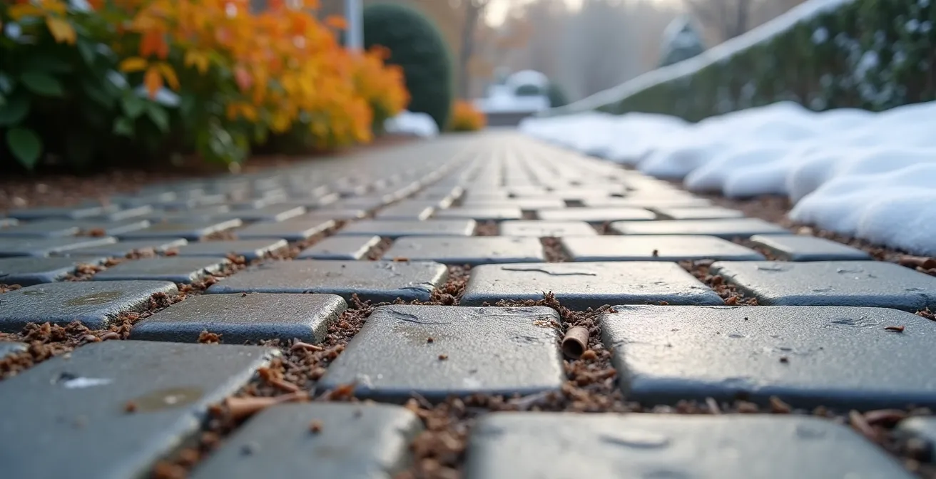 Allée pavée bien entretenue montrant drainage optimal, joints sablés et protection hivernale contre gel-dégel