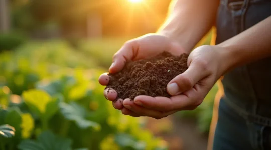 Un jardinier examine le sol fertile de son potager avec des légumes verts luxuriants poussant dans des rangées bien organisées au Québec