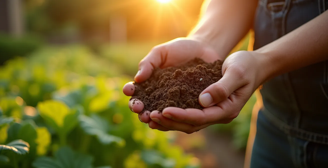 Un jardinier examine le sol fertile de son potager avec des légumes verts luxuriants poussant dans des rangées bien organisées au Québec