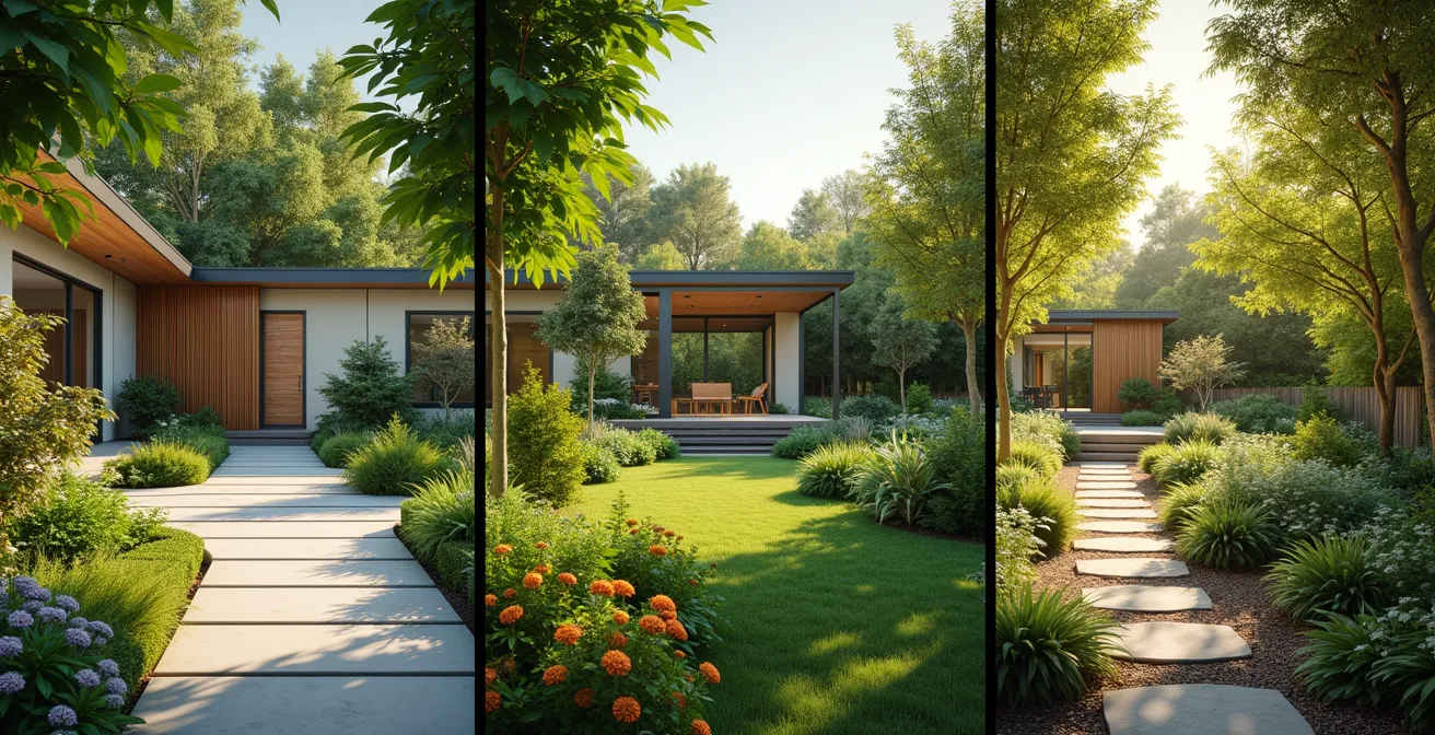 Représentation visuelle des différents profils de jardiniers (contemplatif, productif, social) dans des environnements de jardin distincts