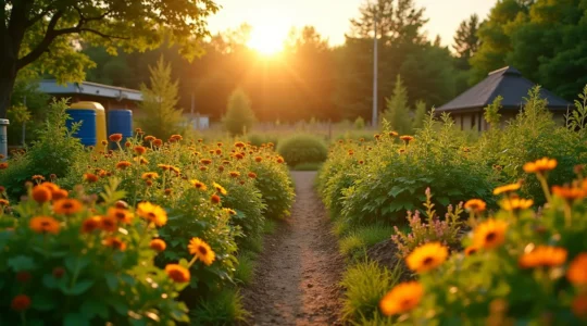 Vue cinématographique d'un jardin québécois luxuriant en été, illustrant la vitalité et la diversité des plantes grâce à des méthodes naturelles.