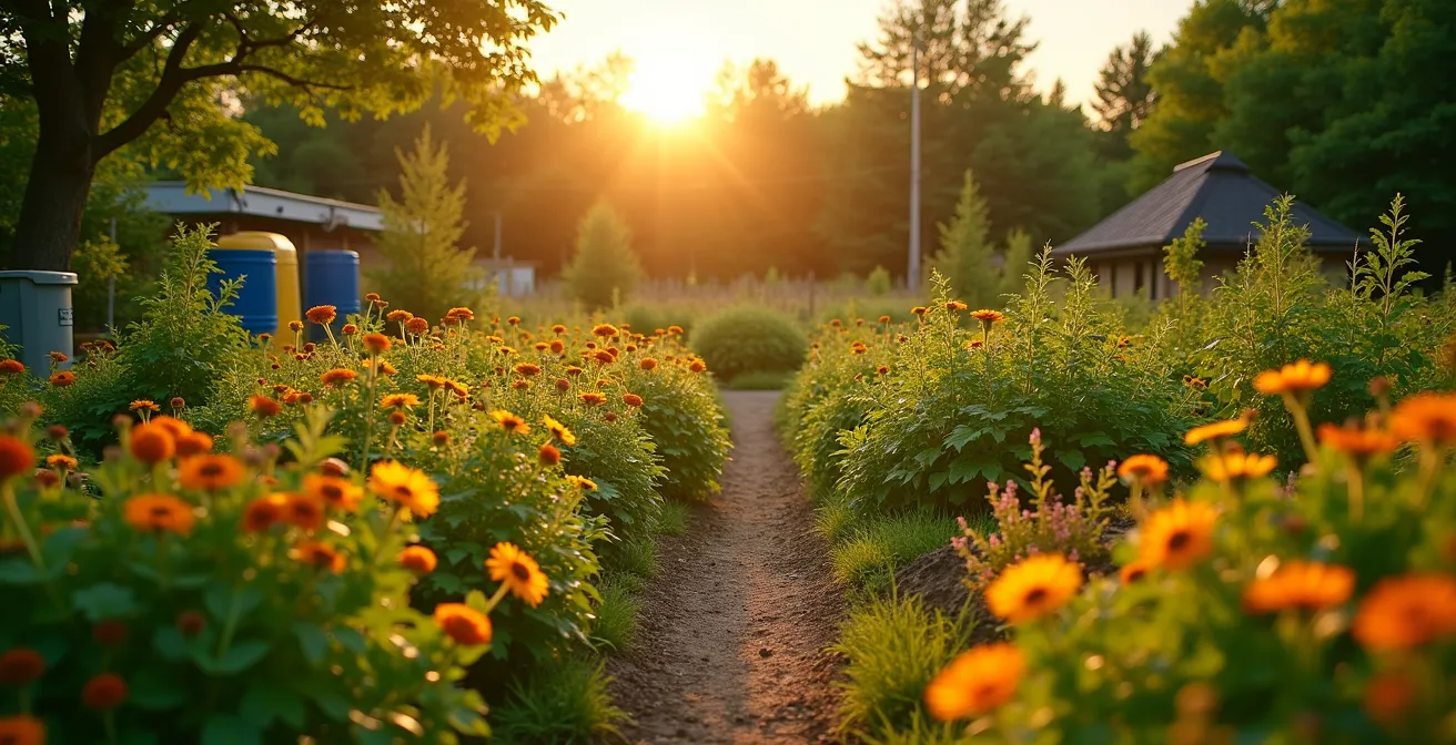 Vue cinématographique d'un jardin québécois luxuriant en été, illustrant la vitalité et la diversité des plantes grâce à des méthodes naturelles.