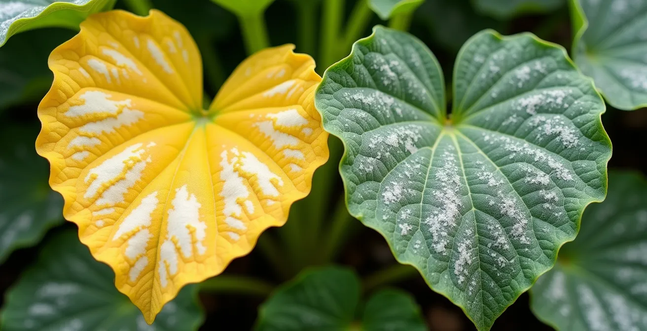 Feuilles de courges muscades marbrées naturellement et feuilles atteintes de blanc poudreux (oïdium) en comparaison.