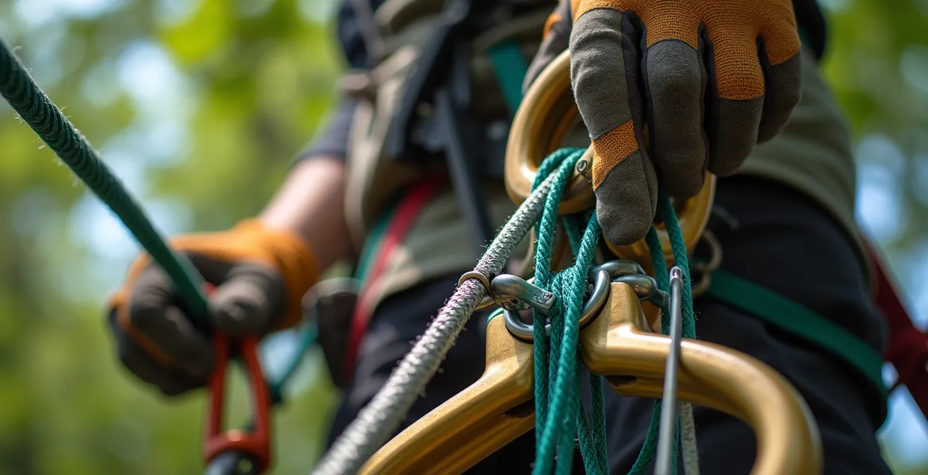 Système de rigging complexe montrant les cordes, poulies et équipements de sécurité utilisés pour descendre les branches de manière sécuritaire lors d'un élagage professionnel en hauteur.