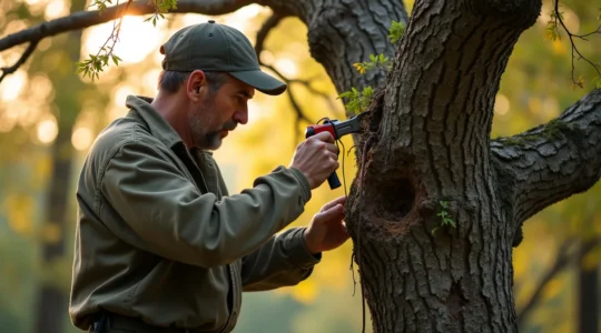 Un arboriculteur qualifié effectuant une taille de sauvetage soignée sur un vieil arbre endommagé, avec des outils professionnels et une approche préventive.