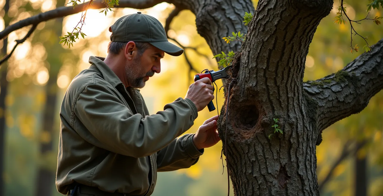 Un arboriculteur qualifié effectuant une taille de sauvetage soignée sur un vieil arbre endommagé, avec des outils professionnels et une approche préventive.