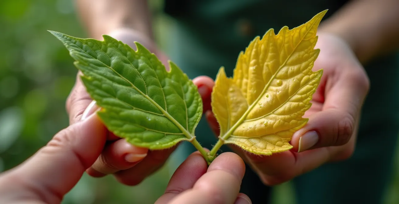 Gros plan de mains de jardinier testant la turgescence d'une feuille de plante pour diagnostiquer un problème d'arrosage ou de maladie