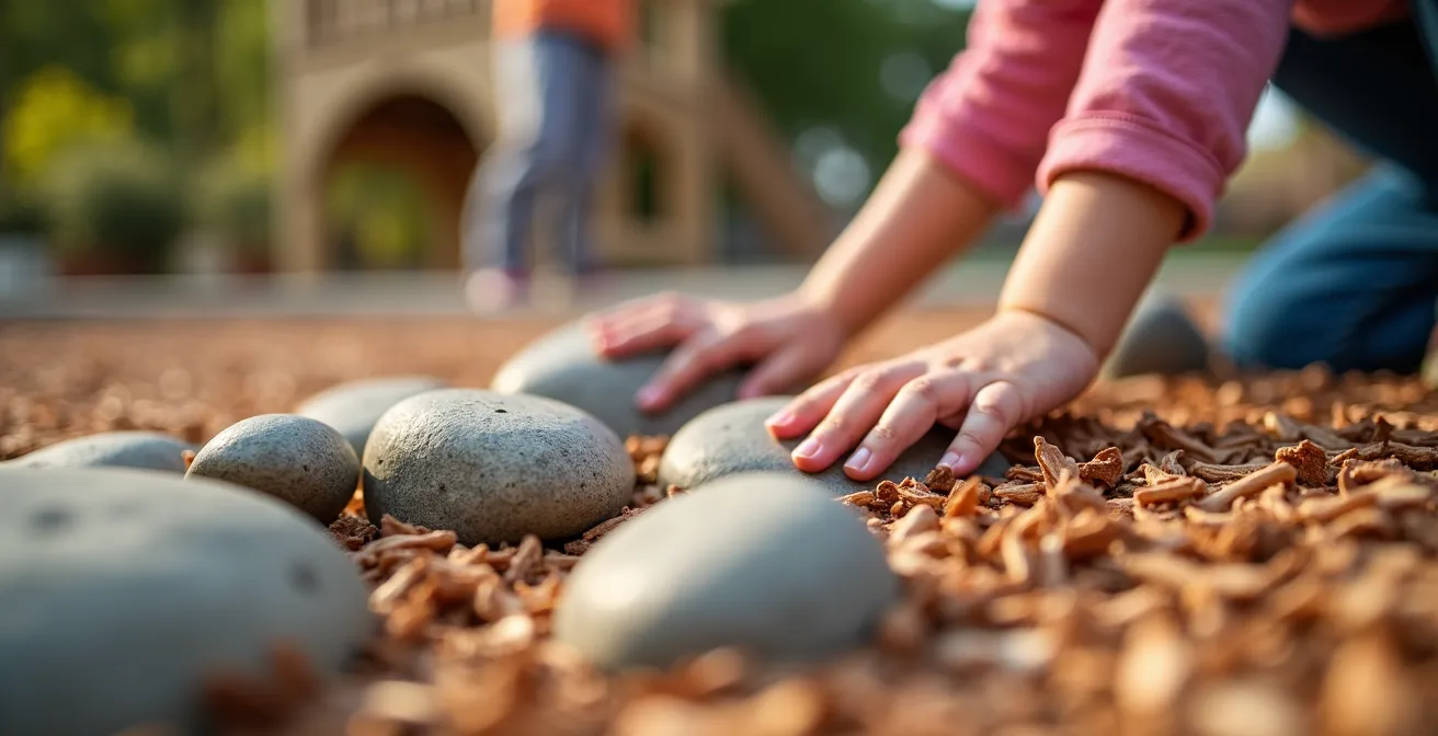 Aire de jeux pour enfants harmonieusement intégrée dans un jardin avec bordures naturelles