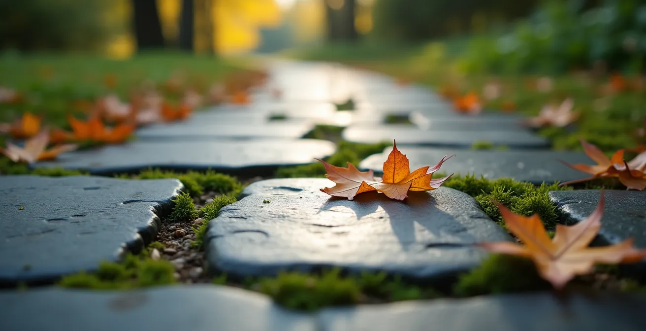 Allée sinueuse en pavés de pierre locale du Québec bordée de vivaces colorées, vue en perspective