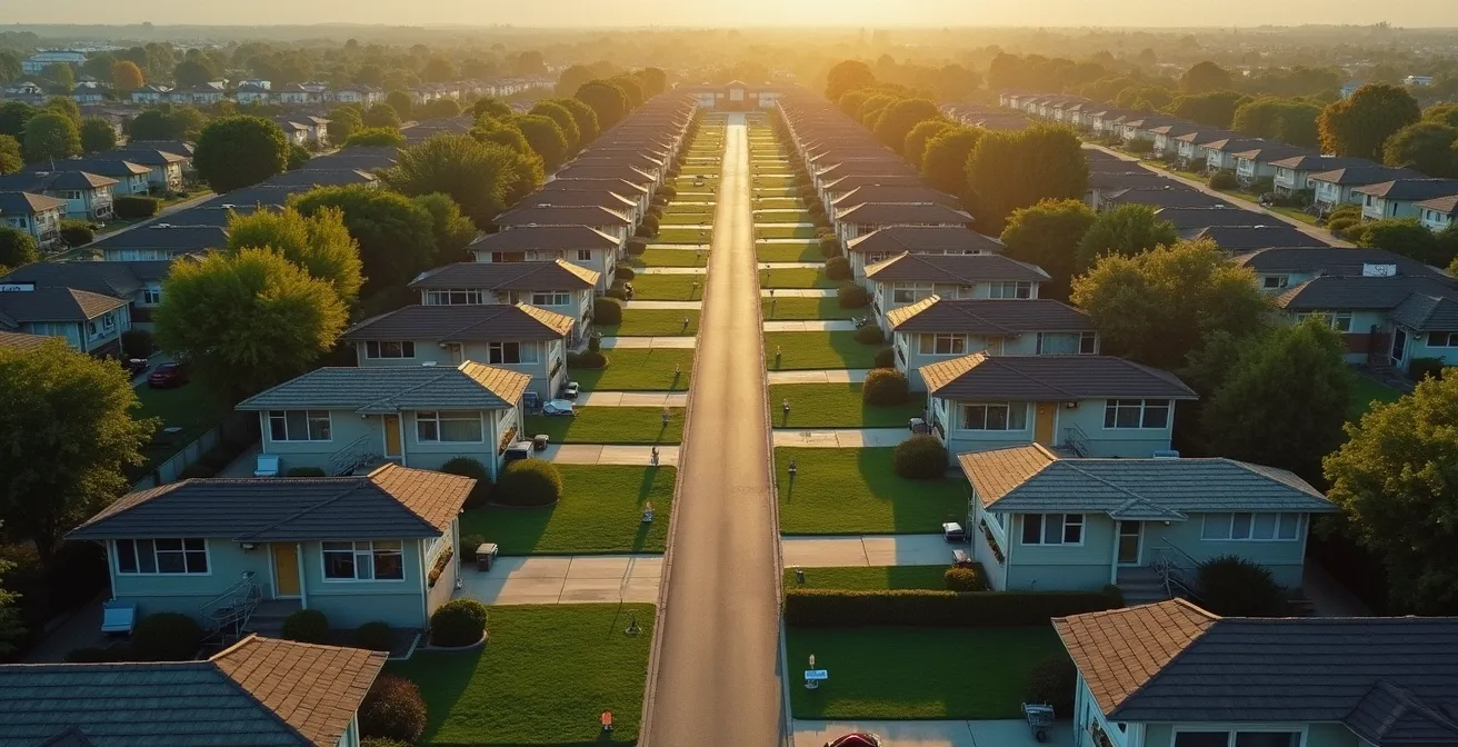 Vue aérienne minimaliste d'une banlieue québécoise avec pelouses uniformes et bungalows