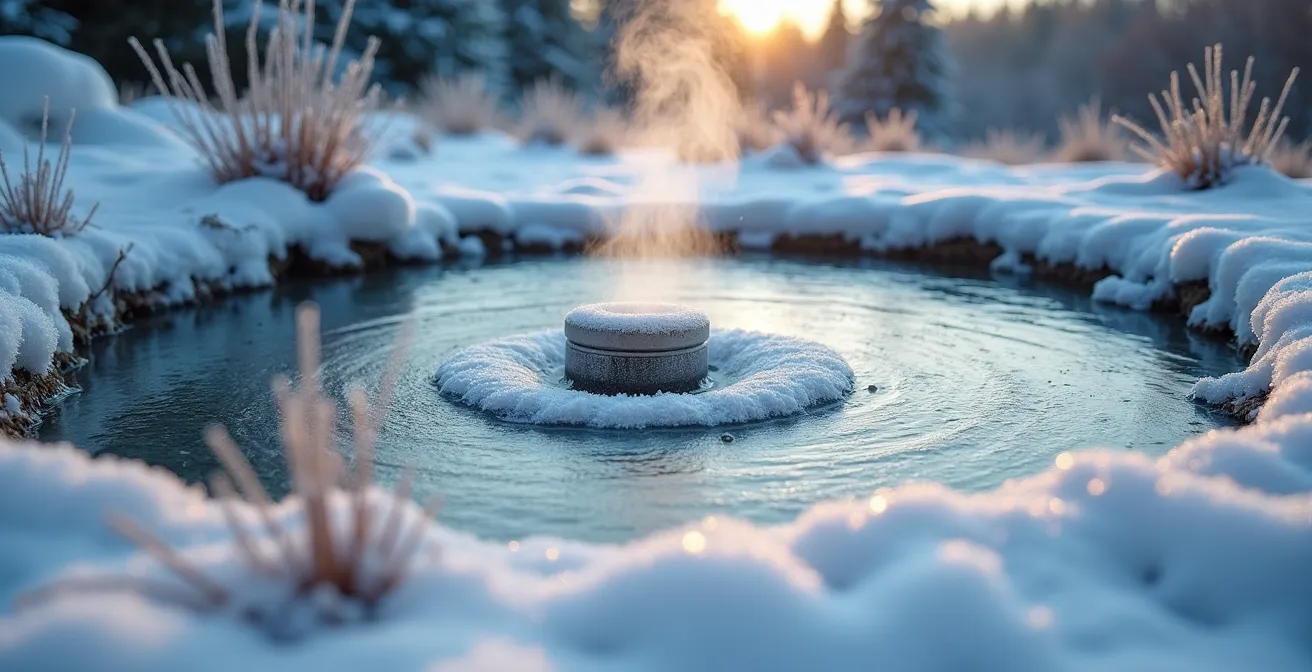 Bassin d'hiver québécois avec un système de dégivrage créant un trou dans la glace.