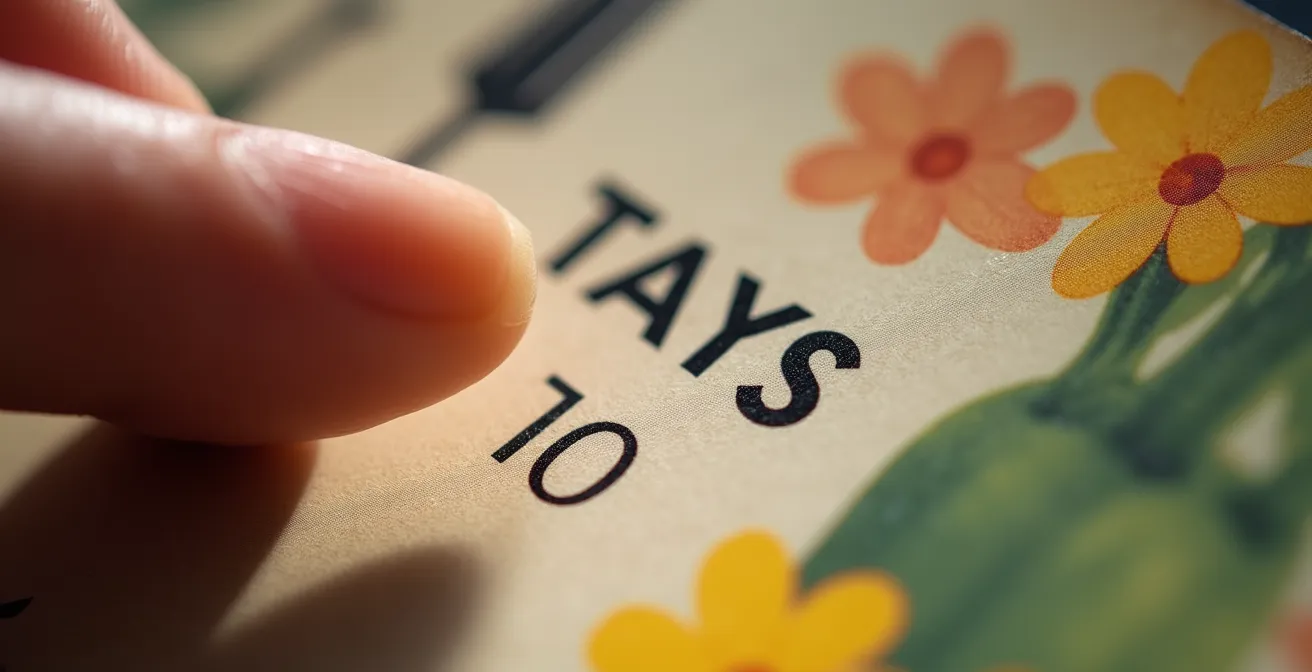 Vue macro d'un sachet de semences montrant les chiffres de maturité avec une main pointant le nombre de jours