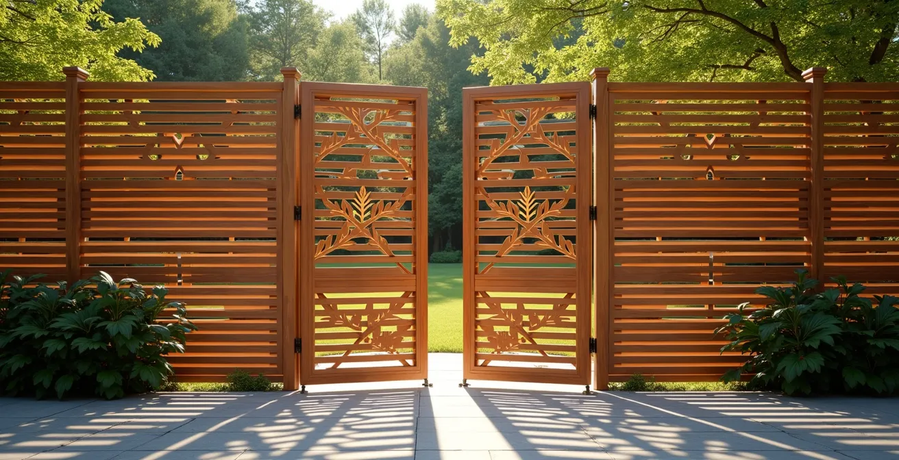 Clôture ajourée moderne avec lattes de bois orientables créant des jeux de lumière
